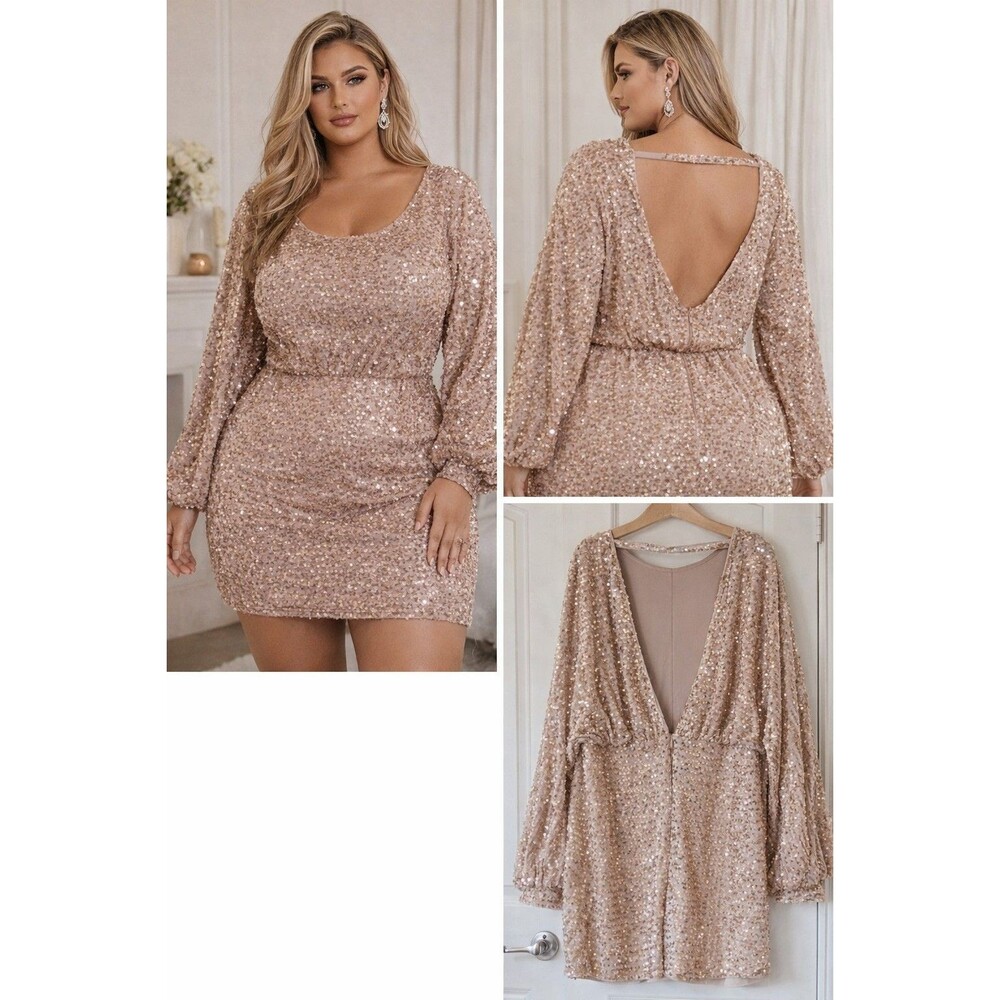 Boohoo Champagne Velvet Sequin Mini Dress Glam Party Prom  US 20 NWT Chic